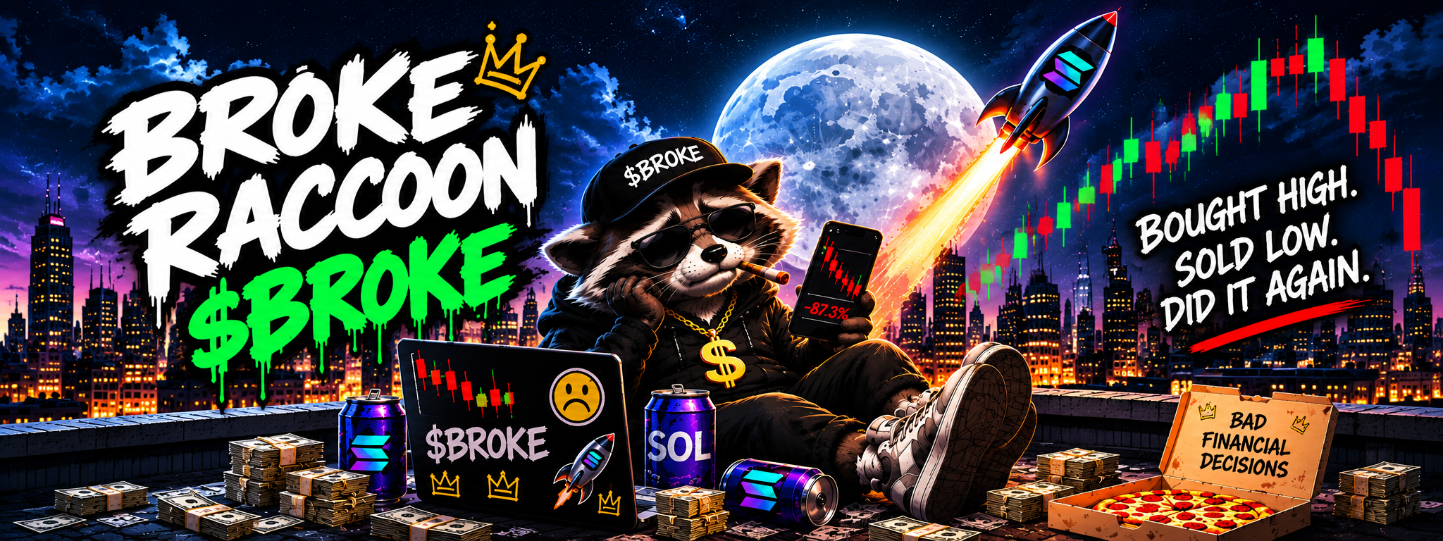Broke Raccoon neon crypto artwork